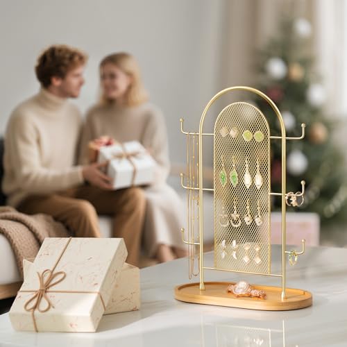 bussdis Jewelry Holder Organizer Earring Display - Earring Storage Tree Stands Towers With 6 Hooks 300 Studs Wood Tray Gold Metal Rack - color: Gold