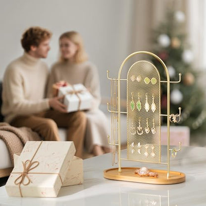 bussdis Jewelry Holder Organizer Earring Display - Earring Storage Tree Stands Towers With 6 Hooks 300 Studs Wood Tray Gold Metal Rack - color: Gold