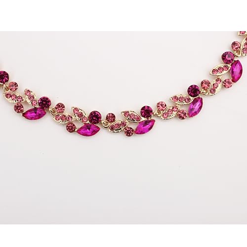 QLLYHLH Woman’s Brides Bridesmaid Leaf Choker Necklace Dangle Earrings Link Bracelet Austrian Crystal Wedding Jewelry Set Prom Costume Party Events | Brides, Bridesmaid, Prom, Events, Costume Party, Leaf - color: Fuchsia-Gold Plated