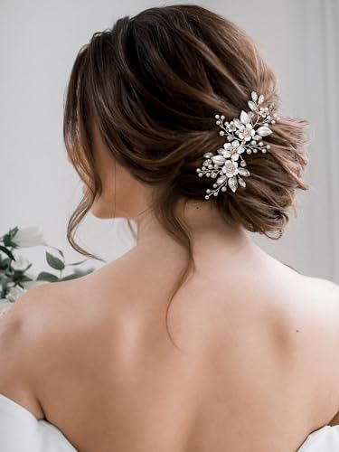 SWEETV Silver Bridal Hair Comb for Wedding Hair Accessories, Handmade with Crystals, Pearls, and Leaves, 4.72 x 2.75 inches, for Brides, Women | Handmade Crystals Pearls Leaves Bridal Hair Accessories, Wedding Hair Pieces for Brides Bridal Hair Pieces 4.7