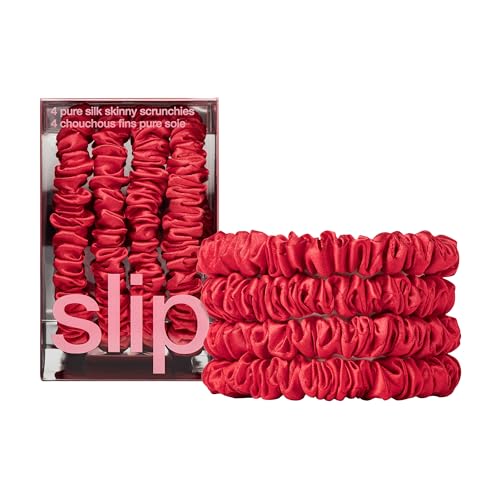 Slip Silk Hair Ties — Skinny Silk Red Scrunchies, No Damage, No Crease, Anti-Breakage |100% Mulberry Silk | All Hair Types | Made with Proprietary Slipsilk™ | Set of 4 - color: Red