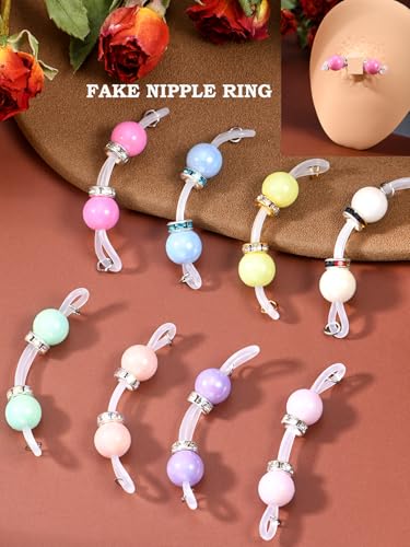DJCIW 4 Pairs Handmade Fake Nipple Rings,Adjustable Nipple Nooses with 8mm Silicone Multicolor Beads and Barbells,Non-Piercing Faux Nipple Piercing Comfortable Everyday Wear Cute Body Jewelry - color: style2