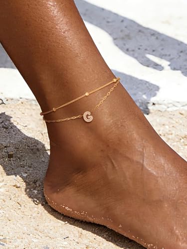 Richsteel Initial Ankle Bracelets for Women Waterproof, 14K Gold Plated/Silver Stainless Steel Anklets, Dainty Adjustable Layered Anklets with Bubble Letter, Non Tarnish Summer Beach Jewelry with Gift Box - color: G-Gold-Plated