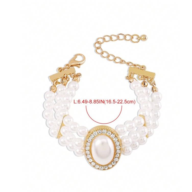 Multi-Layer Faux Pearl Bracelet for Women, Oval Gemstone Elegant Bangle with Rhinestone Accents - color: Gold, size: One Size