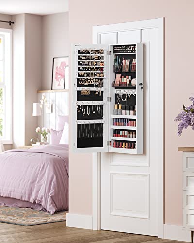 SONGMICS Jewelry Cabinet Armoire, Lockable Wall-Mounted Organizer Unit with 2 Plastic Cosmetic Storage Trays, Full-Length Frameless Mirror, White UJJC001W01 - color: White, style: 42.5-Inch Basic