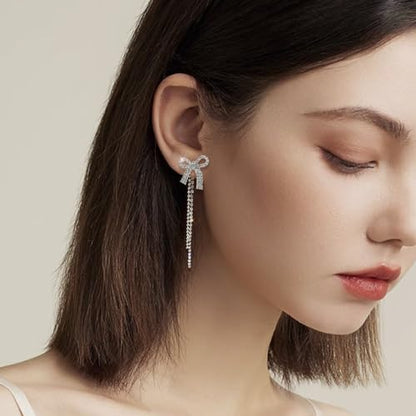 Luxval Rhinestone Earrings Dangling for Women Sparkly Silver Dangle Earrings Girls Long Chandelier Earrings Tassel Lightweight Ear Studs Cubic Zirconia Crystal Statement - color: Silver-Dangle Bow
