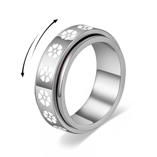 Fidget Anxiety Rings for Women 14K Gold Silver Plated Spinner Band Ring 8mm Thick Stainless Steel Statement Rings Jewelry Gifts Size 6-10 - color: Silver-Heart