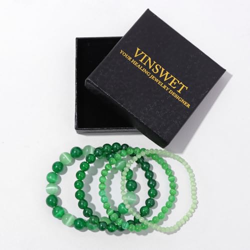 Vinswet 4pcs Beaded Bracelets for Women,Natural Healing Crystal Gemstones Bracelet,Anxiety Stress Relief Bracelet Handmade purple Jewelry Gifts for Women - color: Light green cat eyes&Dark green cat eyes&Green jade