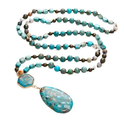 Gmai Boho Necklace for Women Long Beaded Pendant Necklace Natural Stone Teardrop pendant Jewelry Festival Vacation Gift Everyday Handmade Unique Statement Necklace - color: blue