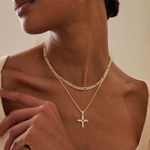 Fettero Cross Necklace for Women Faith Pendant 14K Plated Dainty Chain Necklaes Minimalist Simple Tiny God Lords Prayer Religious Jewelry - style: Emerald snake-head