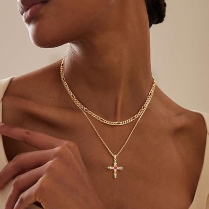 Fettero Cross Necklace for Women Faith Pendant 14K Plated Dainty Chain Necklaes Minimalist Simple Tiny God Lords Prayer Religious Jewelry - style: Emerald snake-head