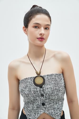 GelConnie Leather Necklace for Women Round Wooden Pendant Long Leather Choker Vintage Sweater Necklace Gold Chunky Boho Necklaces for Women - style: Black Wooden Necklae
