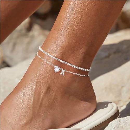 Heart Initial Silver Anklets for Women Waterproof Dainty Silver Plated ankle bracelets for women Large Ankle Women's Anklets Tennis ankle bracelets Non Tarnish Summer Beach Foot Jewelry - style: Silver-X