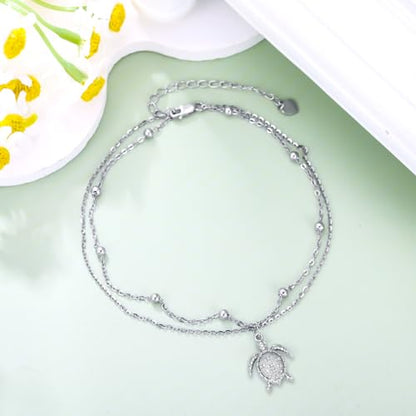 Diamond Turtle Anklet for Women 925 Sterling Silver Turtle Layered Anklets with Lab Grown Diamonds Jewelry Gifts