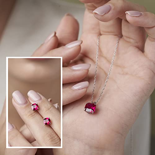MAX + STONE 14k Gold Plated or Sterling Silver Cushion Cut Gemstone Stud Earrings and Pendant Necklace for Women with 6mm and 8mm Birthstones 18 Inch Chain and Push Backs Jewelry Set - style: Sterling Silver|Created Ruby