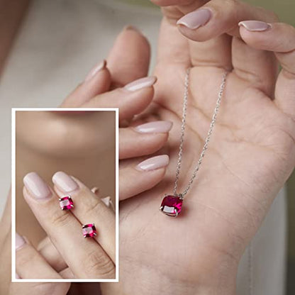 MAX + STONE 14k Gold Plated or Sterling Silver Cushion Cut Gemstone Stud Earrings and Pendant Necklace for Women with 6mm and 8mm Birthstones 18 Inch Chain and Push Backs Jewelry Set - style: Sterling Silver|Created Ruby