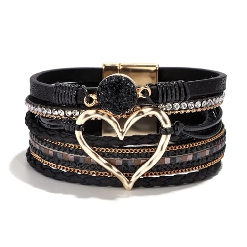 Heart Leather Bracelets for Women Chunky Warp Bracelet Western Boho Vintage Jewelry Country Concert Outfits - color: A4: black leather warp bracelet