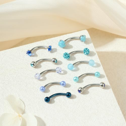 FECTAS 10PCS Eyebrow Rook Piercing Jewelry 16G Earrings Vertical Labret Lip Jewelry Curved Barbell Eyebrow Rings Tiny Small Belly Rings Ear Rook Helix Conch Daith Piercing Jewelry - color: blue