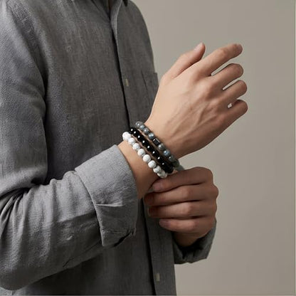 Natural Stone Beaded Bracelet for Men Women Boho Adjustable - color: Classic Stone 3-Piece Set