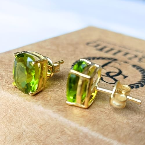 Women's 18K Gold Plated 8x10mm Princess Cut Gemstone Stud Earrings – Birthstone Jewelry for Her – Classic Cushion Studs - color: Peridot
