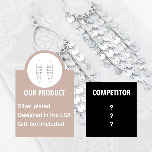 Bohemian Boho Tassel Dangle Drop Earrings for Women – Lightweight Filigree Gypsy Coin Chandelier Disc Charm Hoops – included Gift Box - style: Teardrop - Silver