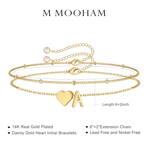 M MOOHAM Initial Bracelets for Women Teen Girls - Heart Letter A-Z Bracelet | Dainty 14K Gold Plated Jewelry, Heart Initial Bracelet, Bracelets for Women Girls Trendy, Birthday Gifts for Women Girls Her - color: Gold - P