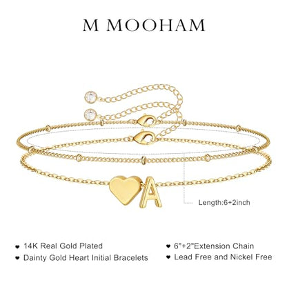 M MOOHAM Initial Bracelets for Women Teen Girls - Heart Letter A-Z Bracelet | Dainty 14K Gold Plated Jewelry, Heart Initial Bracelet, Bracelets for Women Girls Trendy, Birthday Gifts for Women Girls Her - color: Gold - P