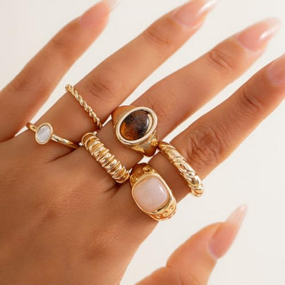 Rrdaily 14K Gold Plated Stackable Knuckle Rings Set for Women Trendy Chunky Simulation Gemstone Signet Rings Dainty Midi Finger Rings Pack Aesthetic Statement Jewelry for Bridesmaid Wedding Gifts - style: 6 Pcs Gold