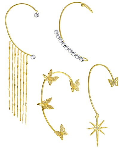 Tornito 4Pcs Butterfly Long Tassel Ear Cuff Dangle Chain Earrings Wrap Crawler CZ Ear Clip Wrap Around Fake Earrings for Women Silver Gold Tone Right Ear - color: B:Gold Tone(Right Ear)