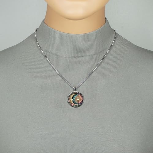 Intricate Highly Detailed Small Rainbow Celestial Sun Moon Boho Printed Pendant, Stainless Steel Chain Necklace, Length Choices - size: 18 inches long