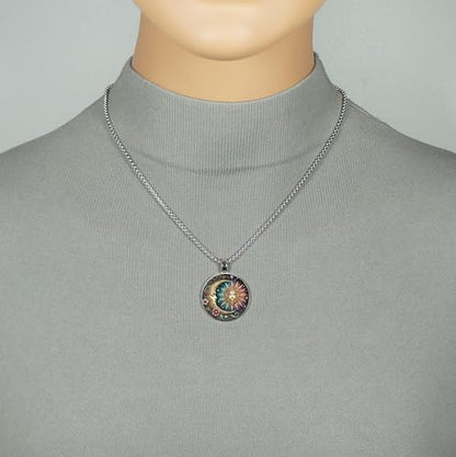 Intricate Highly Detailed Small Rainbow Celestial Sun Moon Boho Printed Pendant, Stainless Steel Chain Necklace, Length Choices - size: 18 inches long