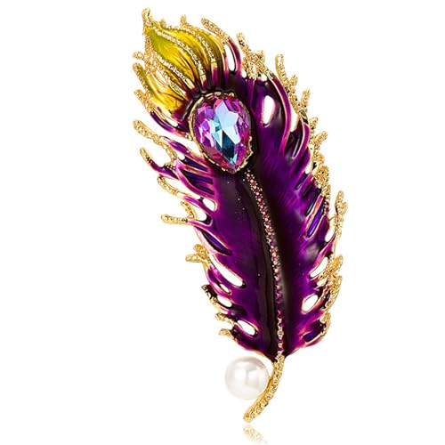 Rhinestone Feather Brooches for Women Men,Vintage Animal Peacock Pin Gold/Silver/Blue/ Crystal Diamond Lapel Pins Fashion Enamel Feather Leaf Brooch Elegant Dress Coat Pin Decor Wedding Christmas Birthday Jewelry - color: Purple
