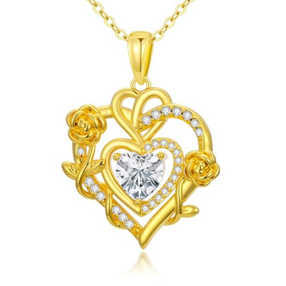 KQ&TTENG Heart Necklaces for Women 14K Gold Plating Hearts Necklace CZ Romantic Rose Pendant Mothers Day Anniversary Birthday Gift for Wife Mom Her - style: 14-Double Rose Heart Necklace