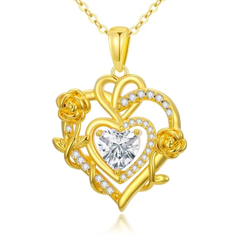 KQ&TTENG Heart Necklaces for Women 14K Gold Plating Hearts Necklace CZ Romantic Rose Pendant Mothers Day Anniversary Birthday Gift for Wife Mom Her - style: 14-Double Rose Heart Necklace