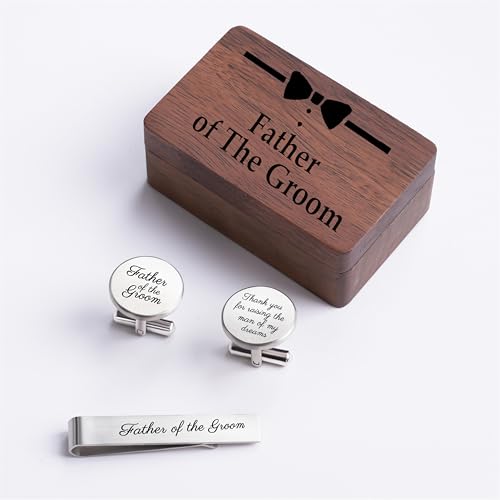 Father of the Bride Gift Set, Wooden Box with Cufflinks and Tie Clip, Bow Tie Design, Wedding Keepsake - color: C2