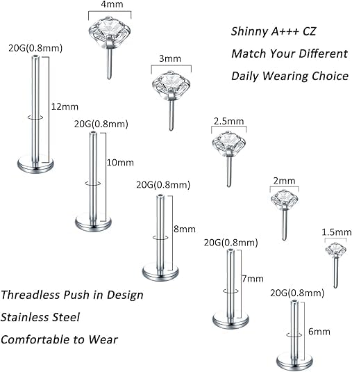 Aumeo 20G 18G 16G Threadless Push in Nose Rings Studs Surgical Steel Labret Jewelry Monroe Lip Rings Studs Medusa Ashley Piercing Jewelry for Women - color: Silver, size: 20g*6/7/8/10/12mm+grabber tool