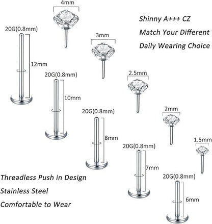 Aumeo 20G 18G 16G Threadless Push in Nose Rings Studs Surgical Steel Labret Jewelry Monroe Lip Rings Studs Medusa Ashley Piercing Jewelry for Women - color: Silver, size: 20g*6/7/8/10/12mm+grabber tool