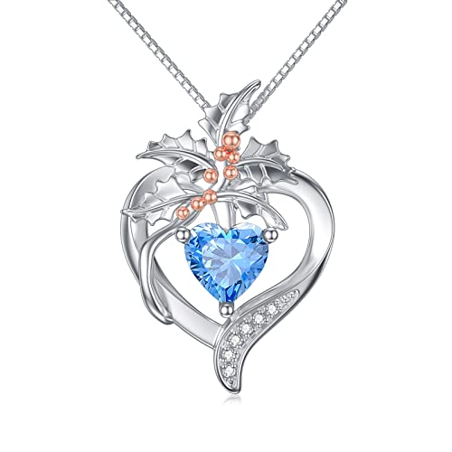 TOUPOP Birth Flower Necklace 925 Sterling Silver Heart Birthstone Pendant Necklaces Birth Month Floral Jewelry Birthday Valentines Day Mothers Day Gifts for Women Wife Mom - style: 12-December-Holly