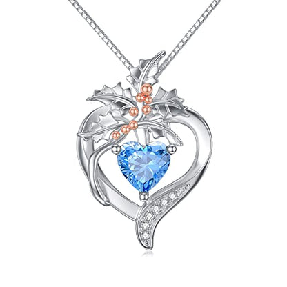 TOUPOP Birth Flower Necklace 925 Sterling Silver Heart Birthstone Pendant Necklaces Birth Month Floral Jewelry Birthday Valentines Day Mothers Day Gifts for Women Wife Mom - style: 12-December-Holly