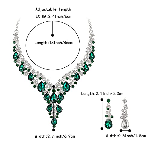 BriLove Women's Wedding Bridal Austrian Crystal Teardrop Flower Cluster Statement Necklace Dangle Earrings Jewelry Set for Party Prom - color: 2Pcs-Emerald Color Silver-Tone