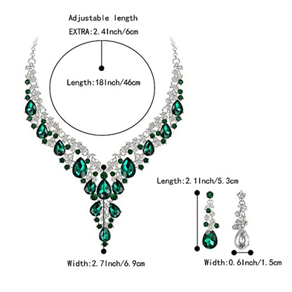 BriLove Women's Wedding Bridal Austrian Crystal Teardrop Flower Cluster Statement Necklace Dangle Earrings Jewelry Set for Party Prom - color: 2Pcs-Emerald Color Silver-Tone