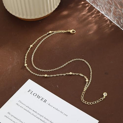 Gold Ankle Bracelets for women,14k Gold/Silver Plated Waterproof Layered lightweight Bow Beaded Twisted Chain Cross Butterfly Satellite Ankle Bracelets Set Gold Anklets for women Trendy Summer Beach Jewelry Gift for Women - style: 2 anklets cable satellit