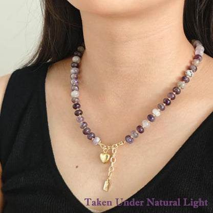 Boho Gemstone Beaded Necklace for Women – Colorful Natural Stone Choker 18K Solid Heart-Shaped Pendant, Summer Beach Jewelry - color: Amethyst