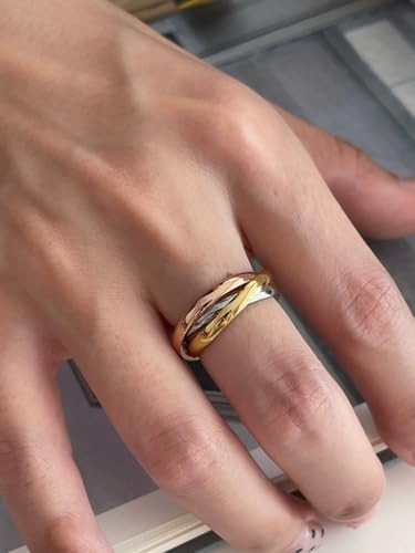 Interlocked Rolling Anxiety Fidget Ring for Women Men Stainless Steel Gold Siver Rose Triple Row Rolling Interlocking Statement Finger Rings Stress Relief Band Stacking Fashion Promise Jewelry - size: 8