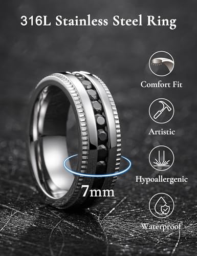 King Will 316L Stainless Steel Wedding Band for Men Cubic Zirconia Inlay | Silver-Tone, 6/7/8mm, Comfort Fit, Durable, Zirconia inlay, Promise Gift - color: Steel-Black-7mm