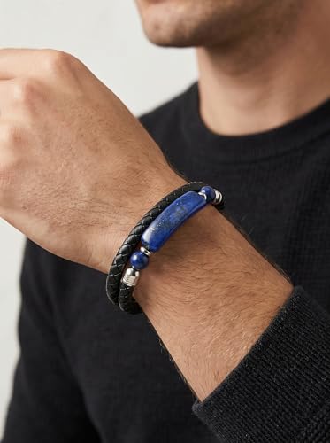 Mens Black Leather Obsidian/Turquoise/Tiger Eye/Red Agate Bracelet–Braided Multi‑Layer Wristband Cuff Bangle Bracelet with Stainless Steel Clasp Gift Jewelry Box Included - color: Style 3: Lapis Lazuli, size: 8.3in(Fits most wrists)