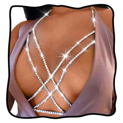 Nicute Rhinestone Body Chain Jewelry Gold Bra Jewelry Bling Plus Size Body Chains for Women - color: Silver