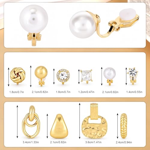 Mikovivi 10 Pairs Gold-Tone Clip On Earrings for Women, Non Pierced No Piercing Ear Clips with Knot CZ & Pearl Twist Design Chunky Hoop Studs Clip Earrings for Women Daily Work or Party Jewelry Gift
