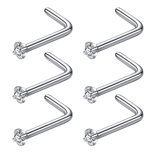 316L Surgical Steel 22g/20g/18g Nose Rings Studs L-Shape Nose Nostrial Piercing Body Jewerly L Shaped Nose Studs 1.5mm 2mm 2.5mm 3mm CZ Nose Screw Studs Rings for Women - style: 6pcs/L-shape/18g/1.5mm Clear CZ/Silver