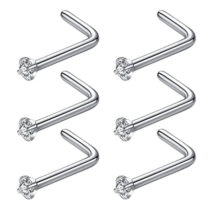 316L Surgical Steel 22g/20g/18g Nose Rings Studs L-Shape Nose Nostrial Piercing Body Jewerly L Shaped Nose Studs 1.5mm 2mm 2.5mm 3mm CZ Nose Screw Studs Rings for Women - style: 6pcs/L-shape/18g/1.5mm Clear CZ/Silver